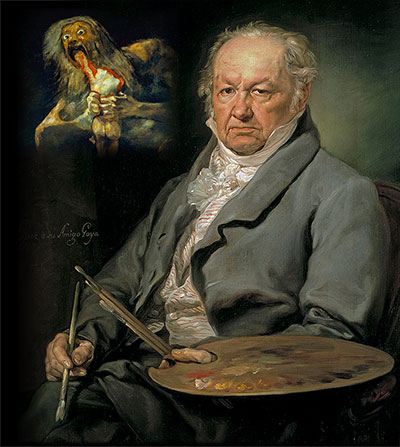 Autorretrato de Goya y Saturno devorando a su hijo, en pintura
