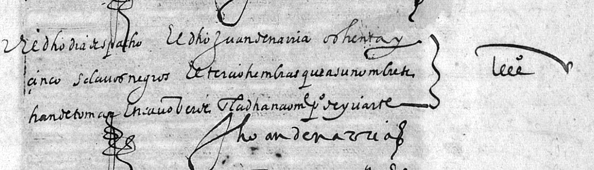 Documento sobre el envío de 85 esclavos efectuado por el alavés Juan de Narria en una nao del maestre Pedro de Iriarte. Archivo General de Indias (AGI: Contratación, leg. 5762, lib. 8, f. 73).
