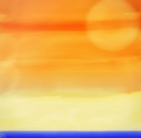 Vemos un cielo naranja formado por líneas difuminadas como nubes y un gran círculo etéreo más claro en la parte superior derecha. Abajo una franja azul representa al mar.