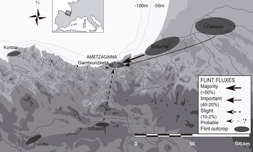 Principales áreas de captación de sílex para el yacimiento de Ametzagaina durante el Gravetiense
