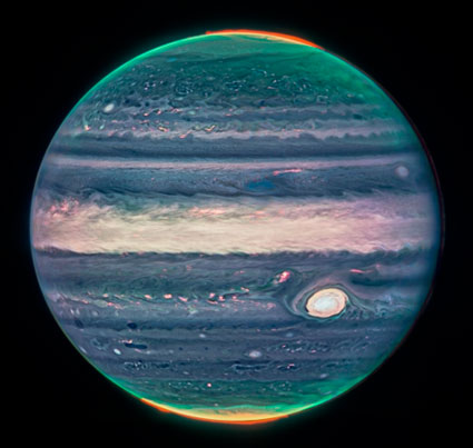 Jupiterren irudia, JWSTek lortua eta iazko abuztuan argitaratua. Kredituak: NASA/ESA/CSA eta Jupiter Early Release Science team.
