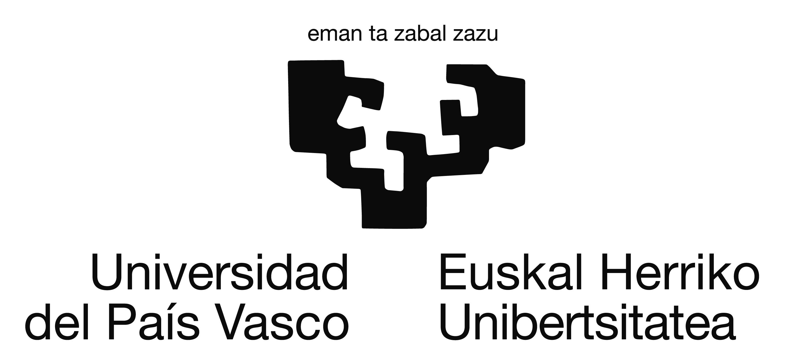 El símbolo creado por Chillida, con el texto eman ta zabal zazu encima y Universidad del País Vasco Euskal Herriko Unibertsitatea debajo