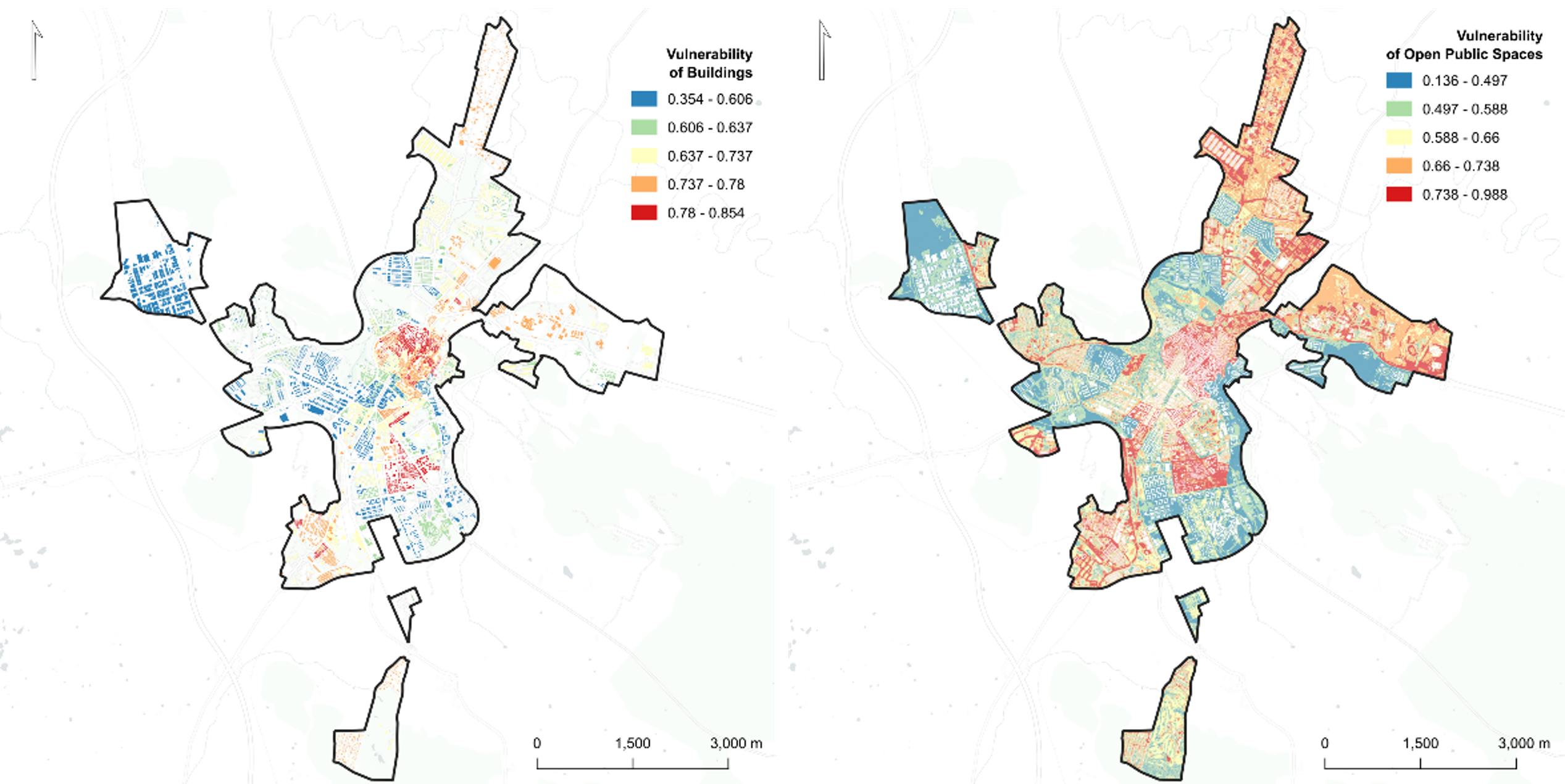 Map of Bilbao showing the vulnerability of buildings and public spaces to heatwaves.