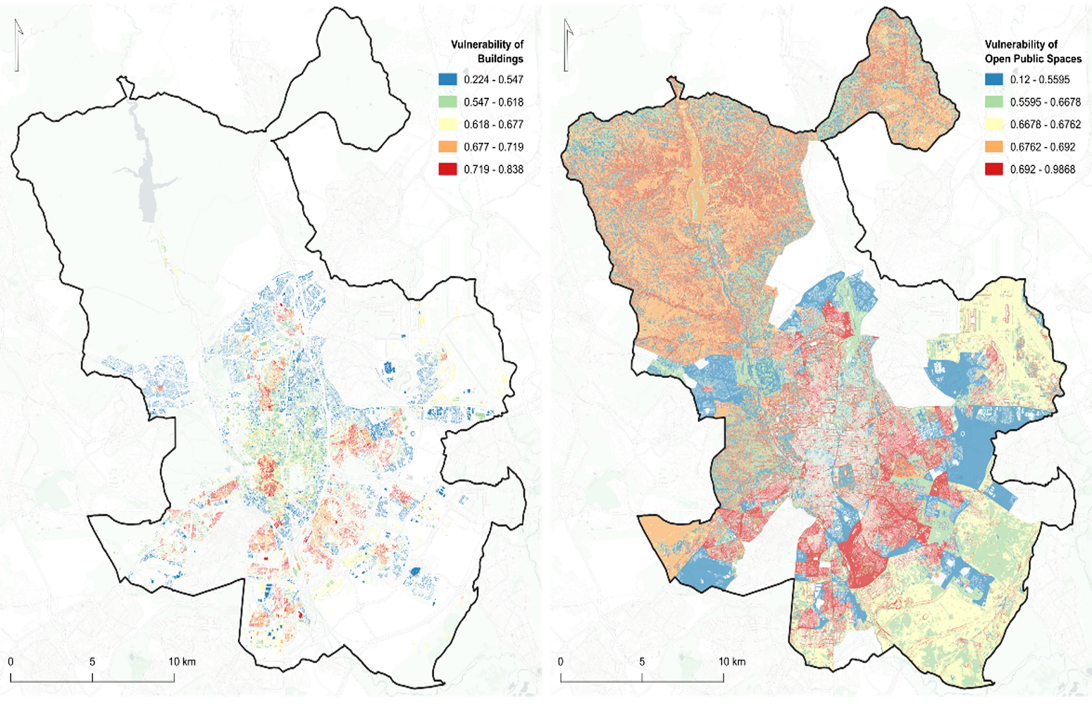 Map of Bilbao showing the vulnerability of buildings and public spaces to heatwaves.