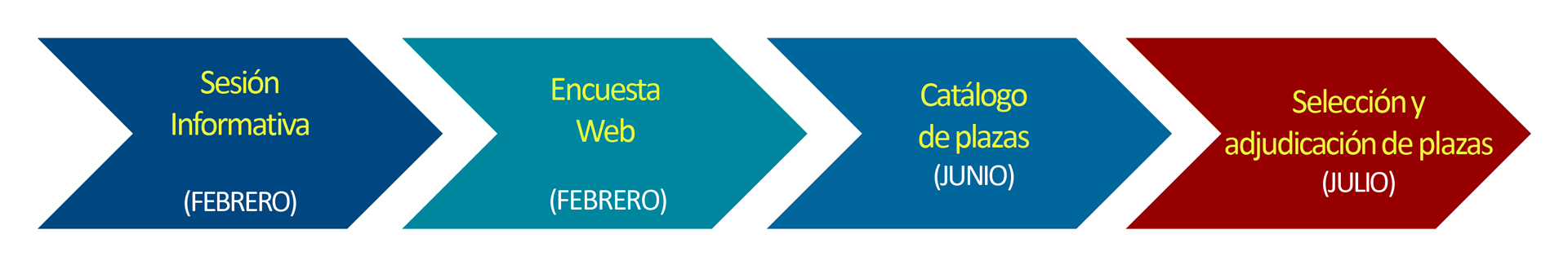 Sesión informativa y Encuesta  Web: Febrero, Catálogo  de plazas: Junio y Selección y adjudicación de plazas: Julio