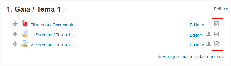 Casillas de verificación del estado de finalización de la actividad