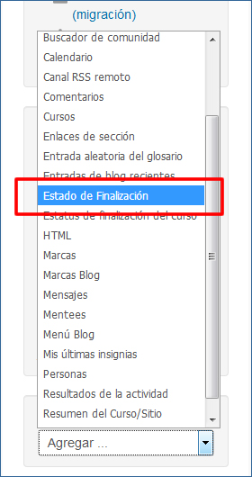 Item "Estado de finalización" en el menú "Agregar bloque"
