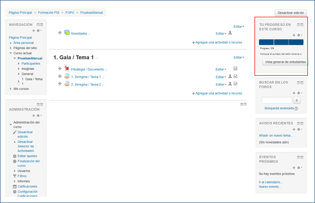 Vista del bloque "Estado de finalización" situado en la parte superior de la barra lateral derecha
