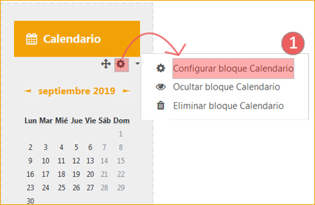 Se indica el botón para configurar el bloque calendario