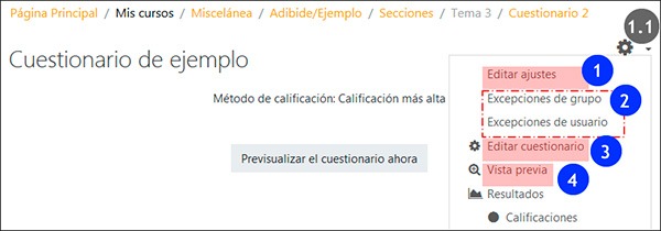 Acceso a los ajustes del cuestionario