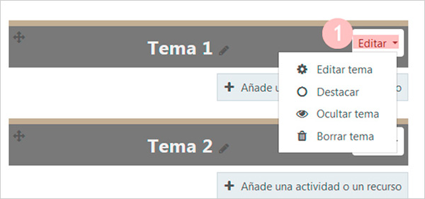 Opciones asociadas a cada sección