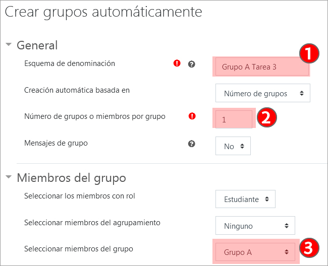 Muestra como configurar grupos automáticamente para la Tarea 3