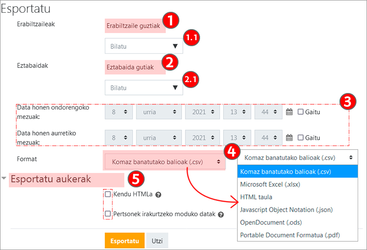 Jasotako balioak nola esportatu erakusten du