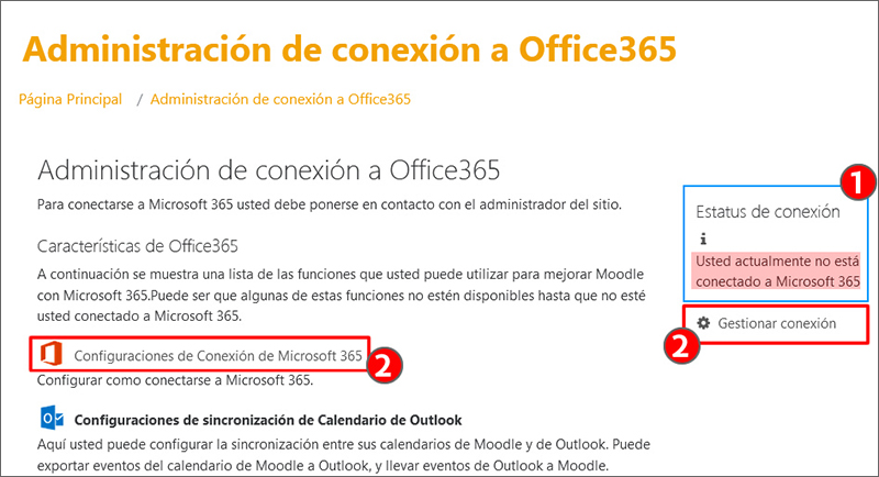 La imagen muestra el panel de Administración de conexión a Office365
