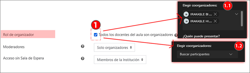 La imagen muestra como elegir coorganizadores