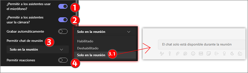 La imagen muestra como configurar los permisos de los asistentes