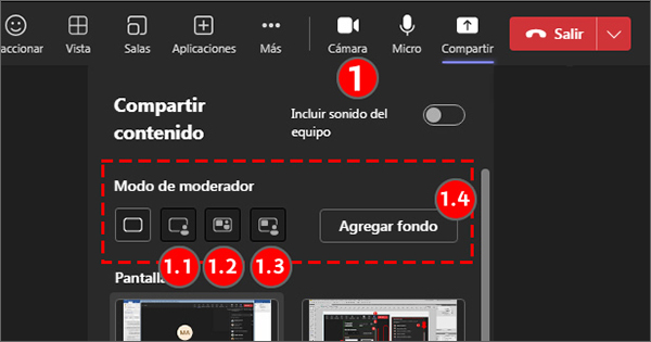 La imagen muestra las opciones para compartir contenido en modo moderador