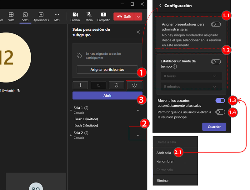 La imagen muestra las opciones de configuración de las salas