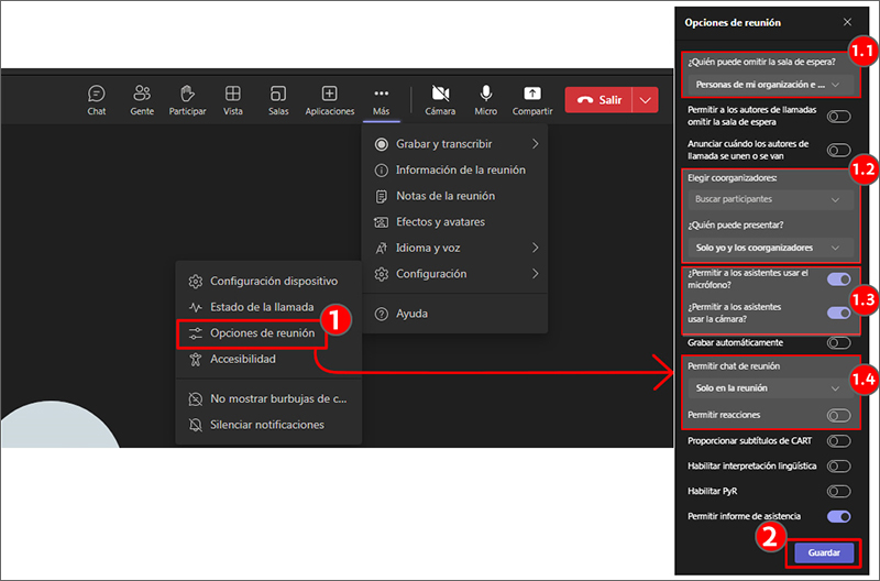 La imagen muestra las opciones de reunión