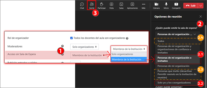 La imagen muestra la configuración para el acceso sin sala de espera