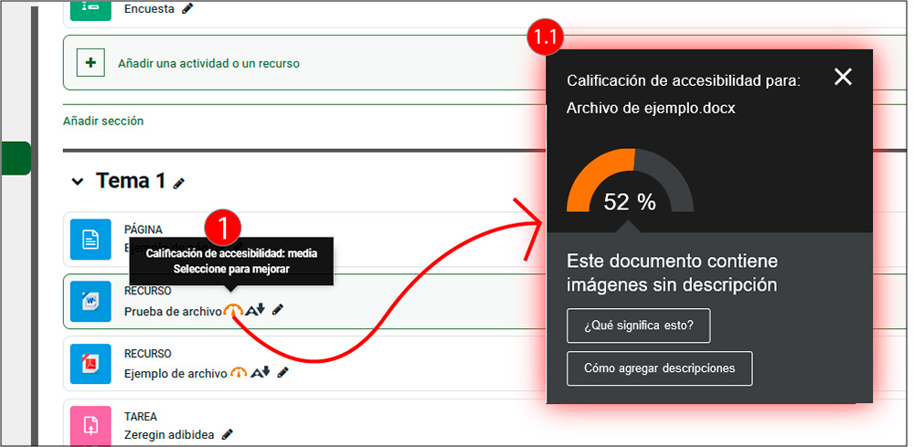 La imagen muestra como acceder a la valoración de la accesibilidad