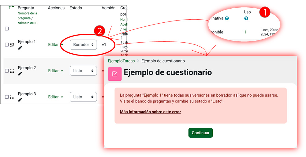La imagen muestra como seleccionar el estado de la pregunta