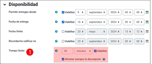 La imagen muestra como configurar el tiempo límite