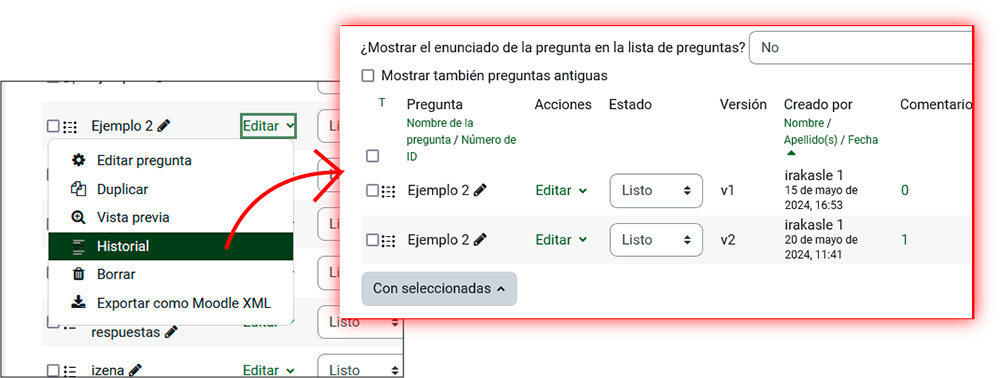 La imagen muestra el historial de las preguntas