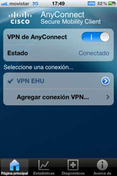 VPN AnnyConnect: ON. Egoera: konektatuta.