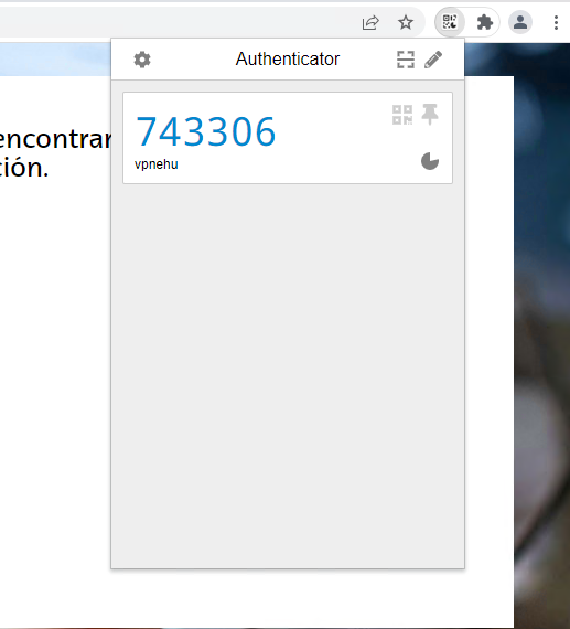 Extensión Authenticator que muestra el código 743306 de la cuenta vpnehu