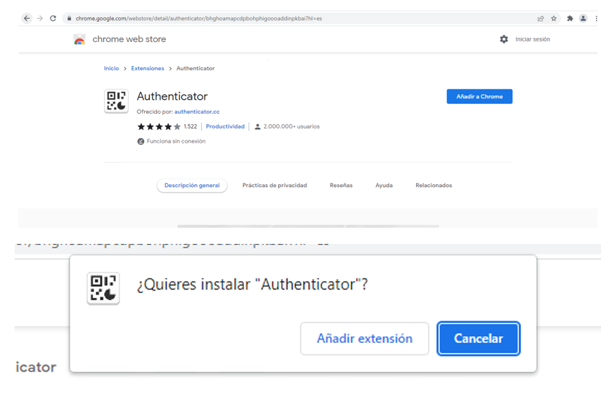 Añadir a Chrome la extensión "Authenticator" y, cuando pregunte si la queremos instalar, seleccionar "Añadir extensión"