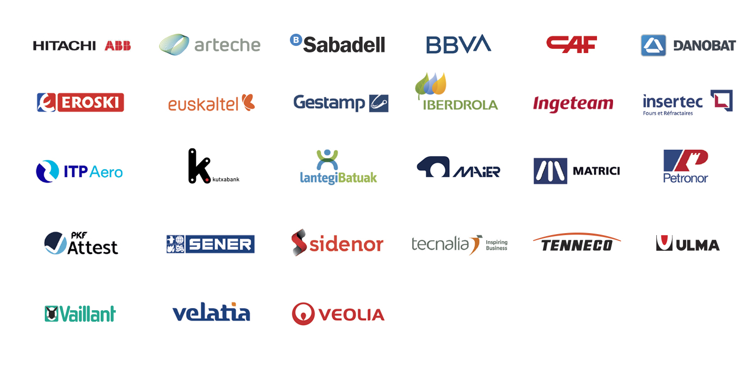 Alkargo, Arteche, BBVA, Bizitegi, CAF, Danobat, EnerSys, Eroski, Euskaltel, Gestamp, Iberdrola, Ingeteam, Insertec, ITP Aero, Kutxabank, Lantegi Batuak, Matrici, Ner Group, Petronor, PKF Attest, Bilbao Port, Satlantis, Sener, Sidenor, Tecnalia, Velatia, Virtualware