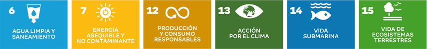 6. Agua limpia y saneamiento, 7. Energía asequible y no contaminante, 12. Producción y consumo responsables, 13. Acción por el clima, 14. Vida submarina, 15. Vida de ecosistemas terrestres