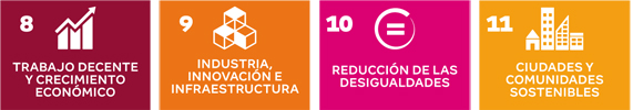 8. Trabajo decente y crecimiento económico, 9. Industria, innovación e infraestructuras, 10. Reducción de las desigualdades, 11. Ciudades y comunidades sostenibles