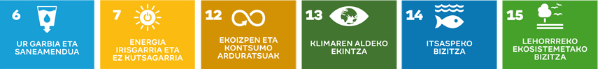 6. Ur garbia eta saneamendua, 7. Energia irisgarria eta ez kutsagarria, 12. Ekoizpen eta kontsumo arduratsuak, 13. Klimaren aldeko ekintza, 14. Itsaspeko bizitza, 15. Lehorreko ekosistemetako bizitza