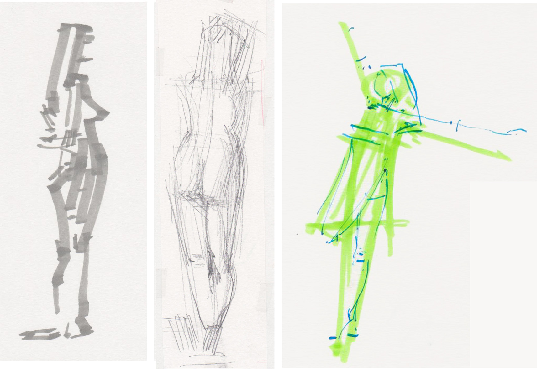 Hondo zuri baten gainean, boligrafo urdinez bozetatutako hiru andre irudi. Lehenengoa etzanda eta biratuta dago, bizkarra emanez. Bigarrenak, errotuladore arrosaz errepasatuak, pentsakor itxaroten du eskua kokotsean bermatuta duela. Hirugarrena, are errotuladore gehiagorekin, bizkarrez emanez ibiltzen da, eskuak solte dituela.