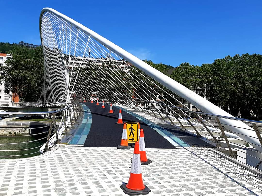 Metal zuriko zubi moderno baten bista. Goikaldea, arku lodi batek gurutzatzen du, nondik hari batzuk irteten diren, dena metal zuri berekoak, hesitutako egitura eusten dutenak. Behea kristalez baldosatuta dago eta erdian puntaz punta zeharkatzen duen alfonbra irristagaitza bat jarri da. Bidea trafiko kono gorri-zuriz banatuta dago. Hauen artean seinale horia bat dago jarrita, persona ibiltari baten irudi eta gezi batekin. Azpian, ibai verde batek zeharkatzen du eta, atzealdean, zuhaitz eta eraikin ertain batzuk ikusten dira.