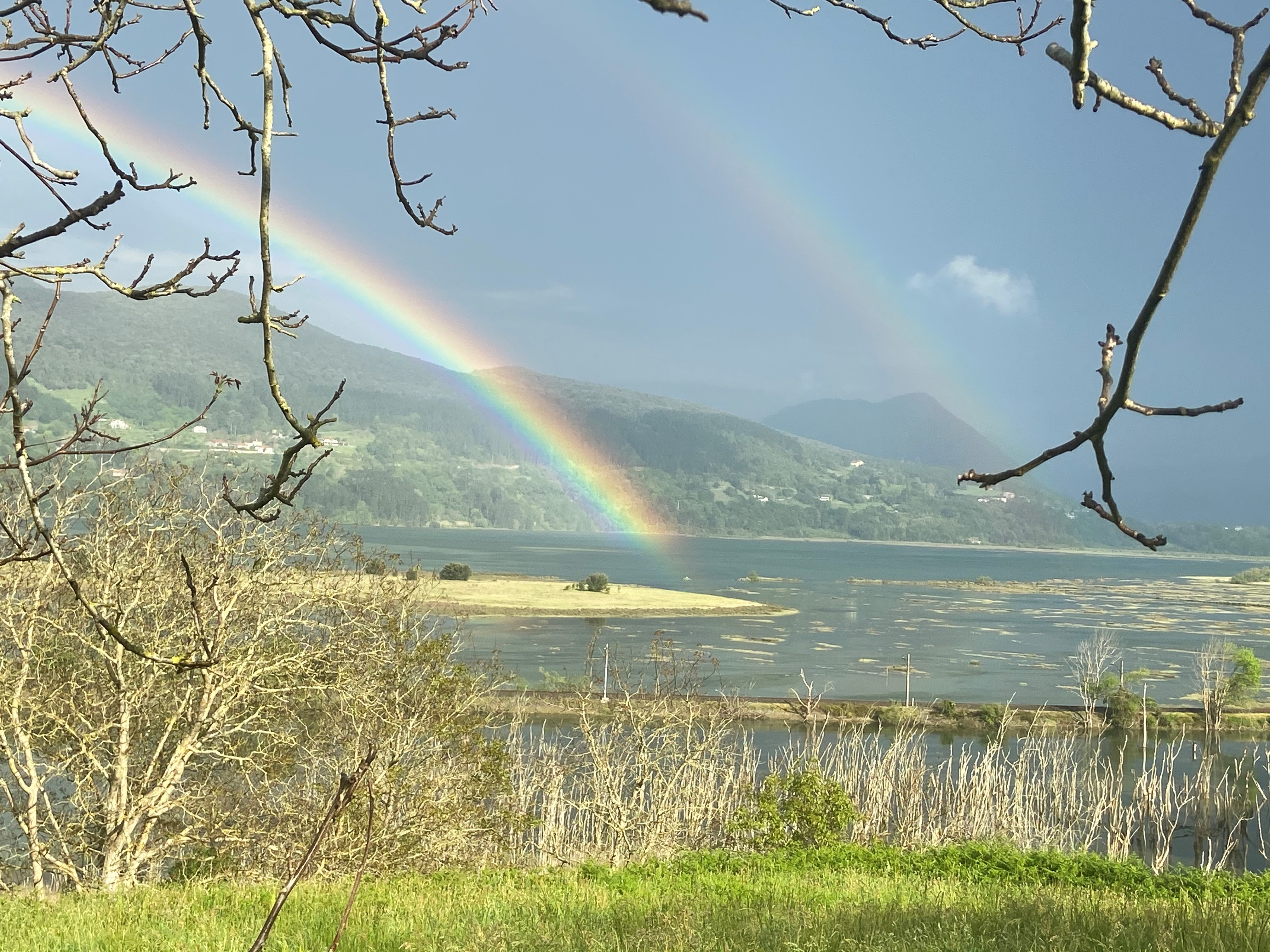 Desde una colina repleta de hierba y rodeada de árboles deshojados, vemos el estuario de un río en marea baja. Al fondo las montañas que cierran el río desde la otra orilla, salpicadas de pequeñas poblaciones. En el centro, un arcoíris doble que nace desde lo alto y aterriza en la ría.