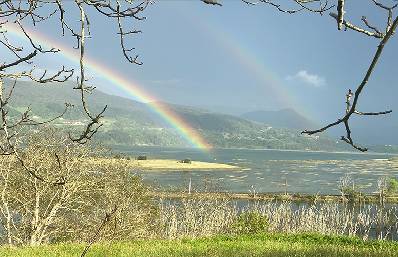 Desde una colina repleta de hierba y rodeada de árboles deshojados, vemos el estuario de un río en marea baja. Al fondo las montañas que cierran el río desde la otra orilla, salpicadas de pequeñas poblaciones. En el centro, un arcoíris doble que nace desde lo alto y aterriza en la ría.