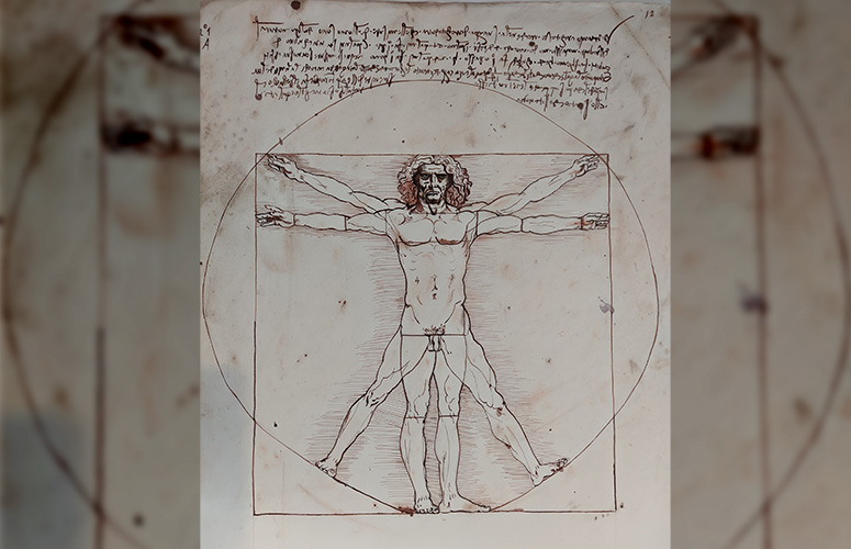 Vitruvioren gizonaren kopia bat. Paper zikin baten gainean, tintaz marraztua, gizon baten irudia karratu eta zirkulu baten barnean, eskuak eta hankak zabalik, ertzetara iristen direla. Ile luzea du, eta aurpegi zakar eta iluna. Bere gainean testu-lerro irakurtezin batzuk, oso kaligrafia estilizatuan.