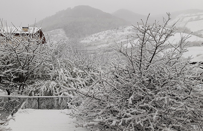 Vemos un paisaje completamente nevado. Al fondo, entre la ventista, se distinguen tres montañas y varios valles. A la izquierda se alza un caserío rodeado de árboles blancos del que se divisa una chimenea apagada. En primer plano, un patio vallado con un arbusto sin hojas, todo completamente cubierto de nieve.
