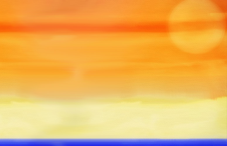 Vemos un cielo naranja formado por líneas difuminadas como nubes y un gran círculo etéreo más claro en la parte superior derecha. Abajo una franja azul representa al mar.