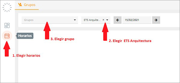 La imagen muestra como seleccionar el centro, grupo y fecha