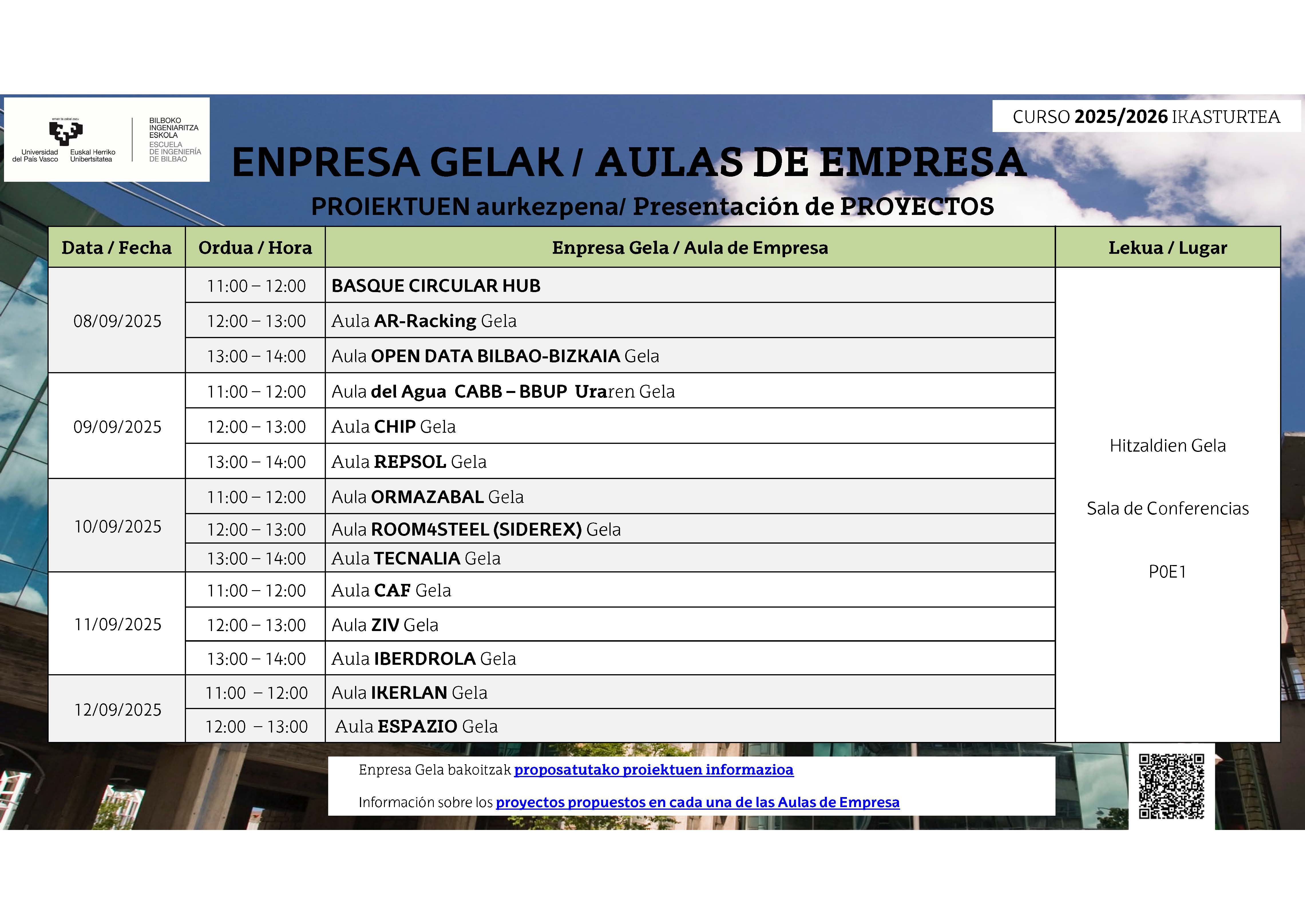 Enpresa Gelak aurkezteko egutegia