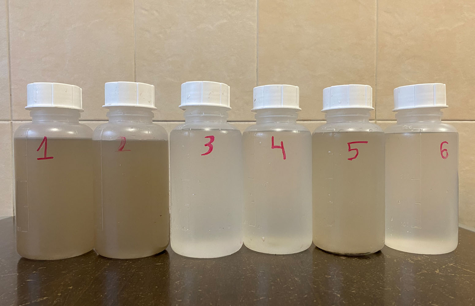 samples taken at different sampling points (variation in turbidity can be seen