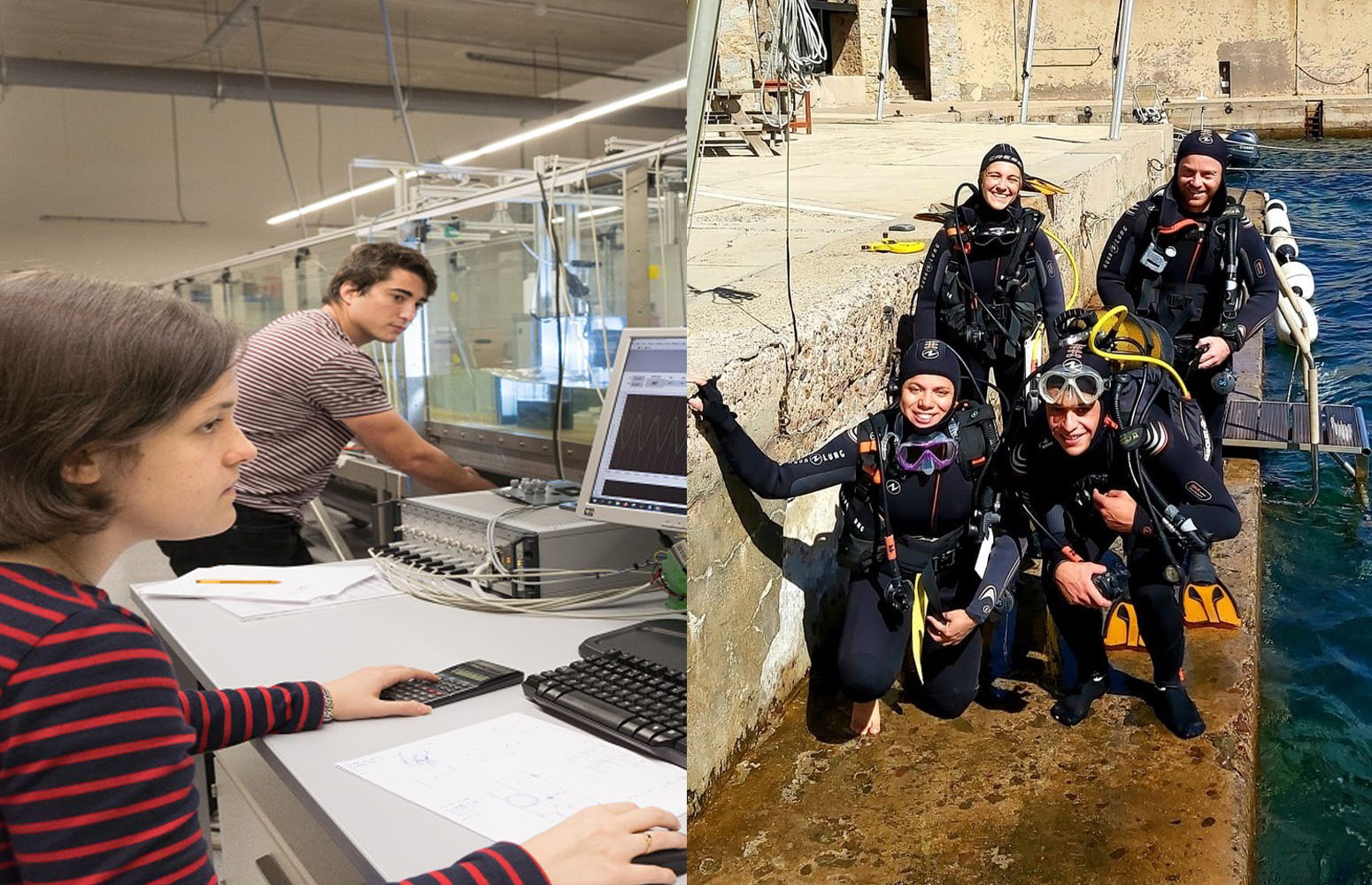 A la izquierda: alumnos en prácticas con el generador de olas de la Escuela de Ingeniería de Bilbao, A la derecha: Alumnos del MER en la estación marina STARESO en Córcega, durante el curso Ecología Marina que imparte la Universidad de Lieja