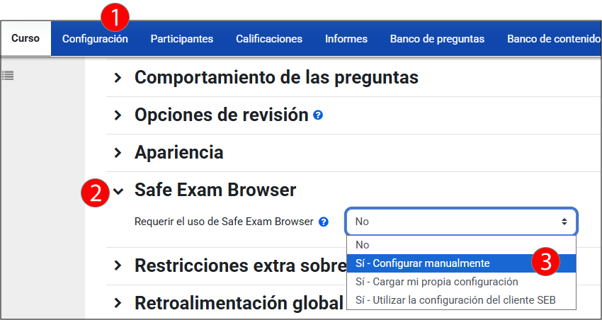En el formulario de “Configuración” (1) del cuestionario, desplegar el apartado "Safe Exam Browser” (2) y seleccionar la opción “Configurar manualmente” (3).