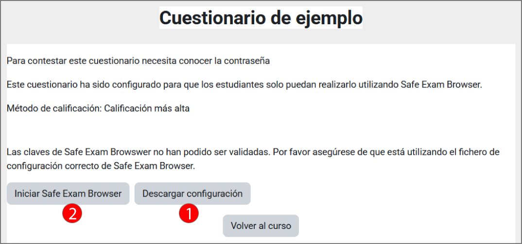 Sakatu lehenengo "Jaitsi konfigurazioa" (1). Jarraibideak dituen fitxategi bat ordenagailuko "Deskargak" karpetan gordeko da. Dagoeneko sakatu dezakezu "Abiarazi Safe Exam Browser" (2).