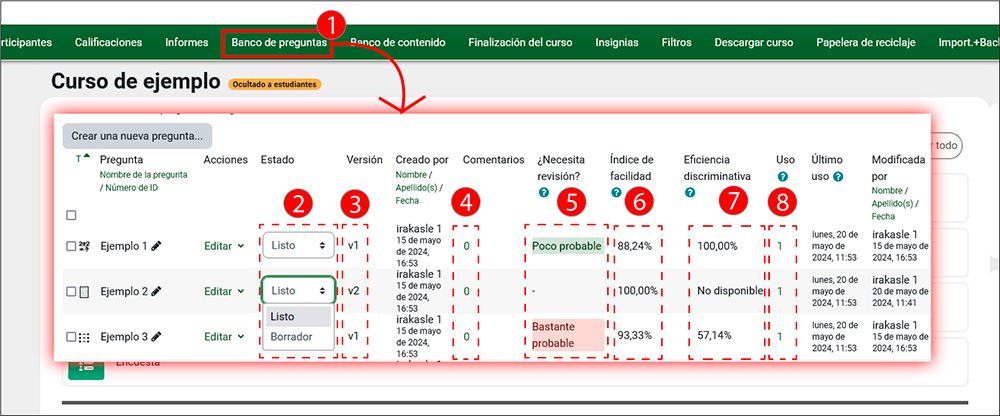 La imagen muestra la pantalla del Banco de preguntas