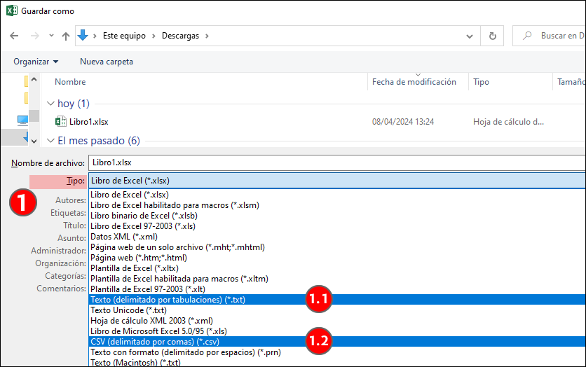 Opciones de exportación de un archivo de datos